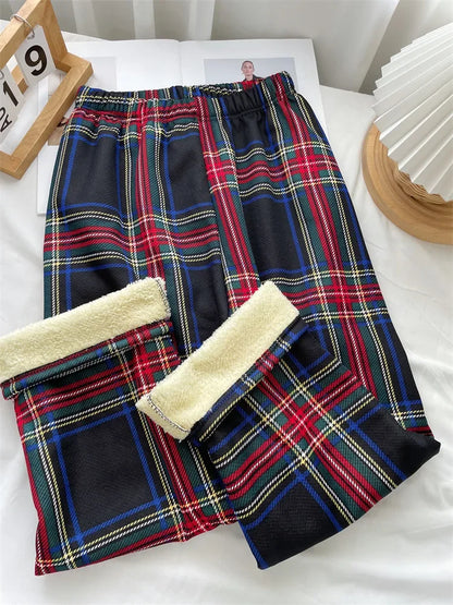 Women Plaid Pants High Waist Wide Leg Flared Trousers Thick Fleece Lined Winter Thermal Lounge Casual Straight Leg Bottoms