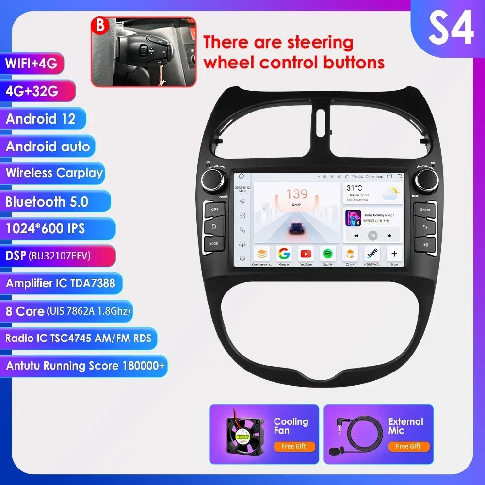 Android 14 Car radio for PEUGEOT 206 206CC 206SW 2000-2005 2006 2007 2008 Multimedia player GPS navi Video 7862 2din Autoradio