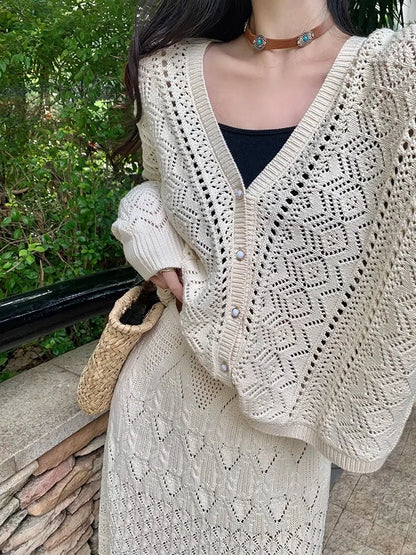 Kumikumi Lazy Style Hollow out Knitted Cardigan Jacket Women's High Waist  Skirt Fashion Set Spring 2025 Acrylic Fabric