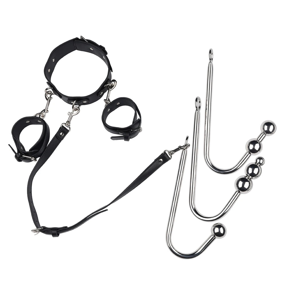 BDSM adjustable anal hook set leather collar handcuff straps BDSM removable multiple play accessories adult sex toys