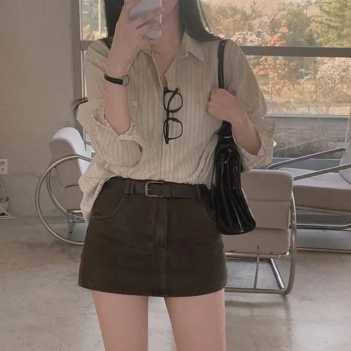 Early Autumn Versatile Loose Striped Long Sleeve Shirt Top Women's Fashion Comfortable Fit Striped Patterned Casual Shirt