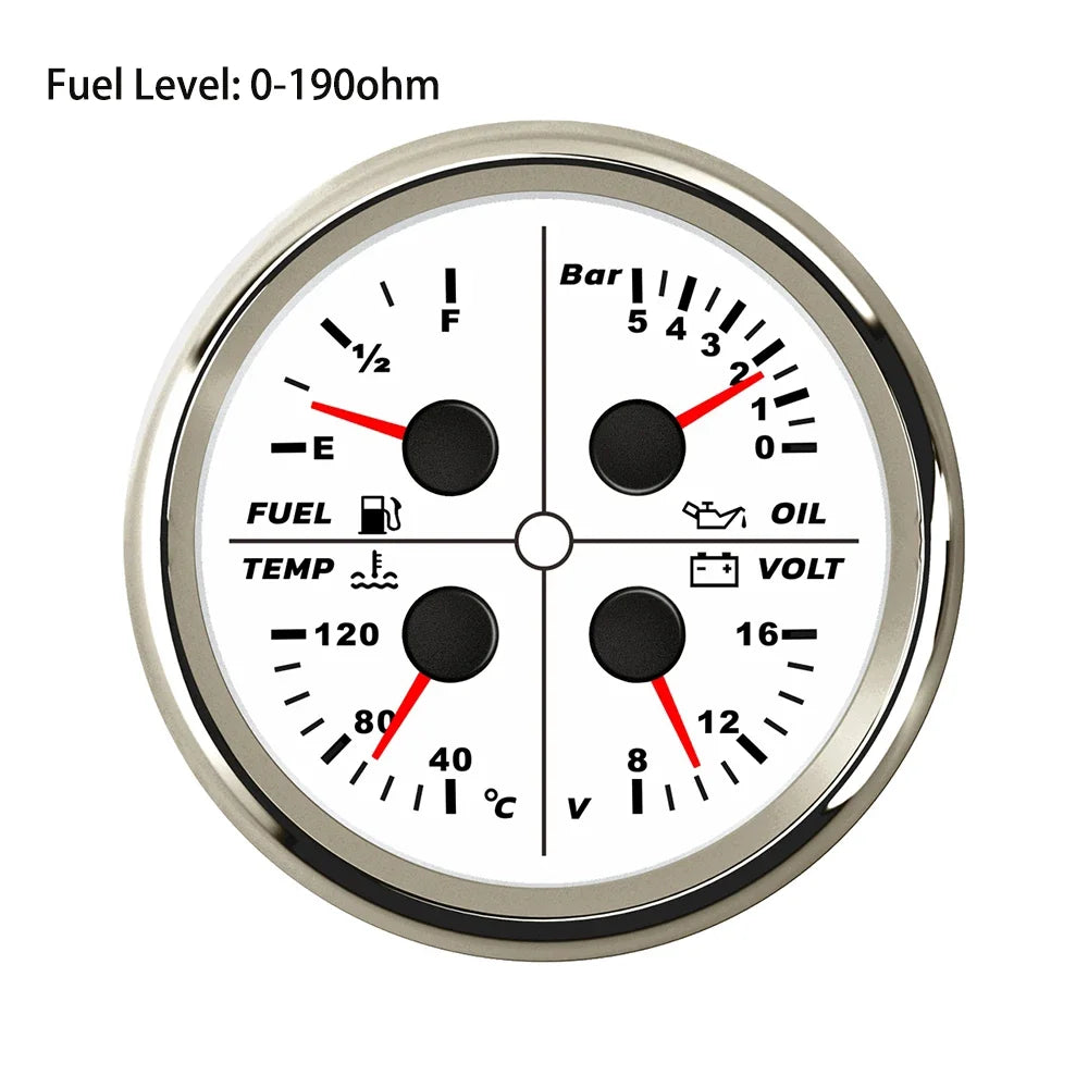 ELING Waterproof Auto Marine 85mm 4 in 1 Gauge Oil Pressure Water Temp Fuel Level Voltmeter for Motorcycle 8-16V
