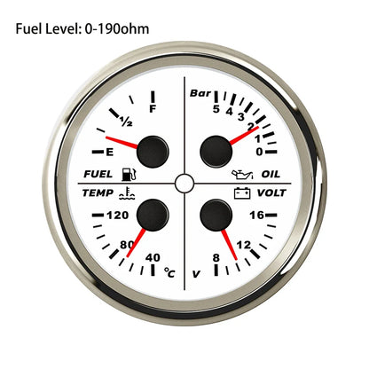 ELING Waterproof Auto Marine 85mm 4 in 1 Gauge Oil Pressure Water Temp Fuel Level Voltmeter for Motorcycle 8-16V