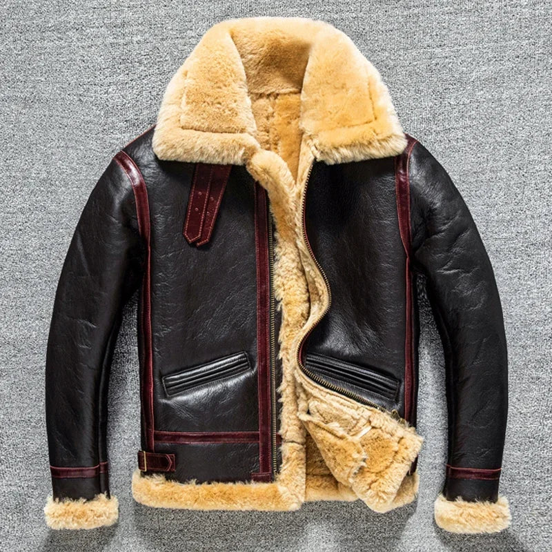 2023 Men's Real Fur Aviator Leather Jacket High Quality B3 Thick Winter Heavy Bomber Jackets For Men Retro Sheepskin Wool Coats