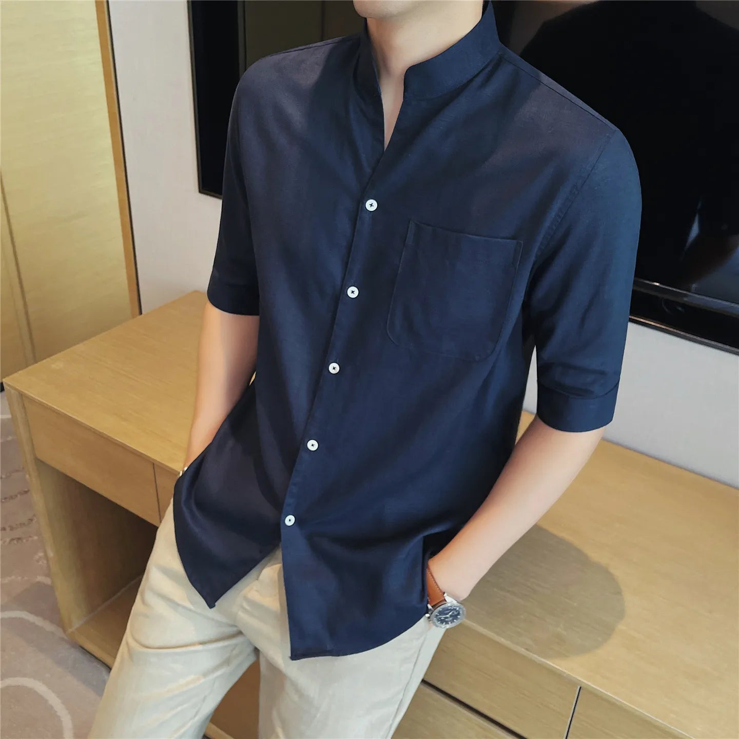Men's Premium Linen Blend Mandarin Collar Shirt – 7A Antibacterial, Breathable & Cool-Touch Short Sleeve Button-Up
