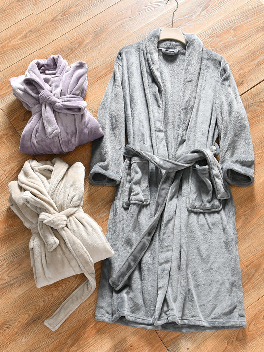 Thickened Flannel Long Pajamas Robe for Men And Women Home Wear Autumn Winter Warm Polyester Fiber Pure Color Couple's Bathrobe