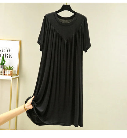 Loose plus Size Sp Dr Modal Women's Summer Thin Home Gown Skirt Sle round Ne ort Sve Long Dr Korean Sle