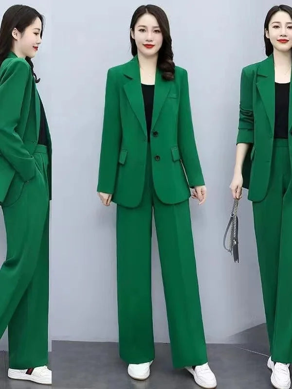 Spring 2026 plus Size Suit Set Loose Wide Leg Pants Two Piece Set Korean Style Commute Casual High Waist Polyester Fiber
