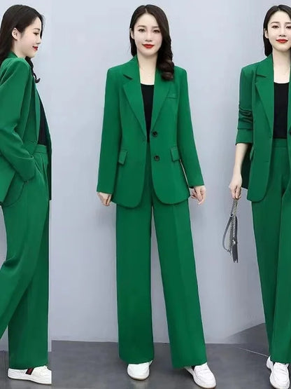 Spring 2026 plus Size Suit Set Loose Wide Leg Pants Two Piece Set Korean Style Commute Casual High Waist Polyester Fiber