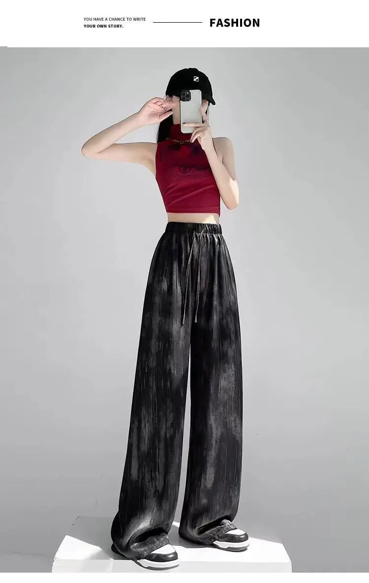 Summer Thin Ice Silk Satin Dyed Wide Leg Pants Women Loose Casual Drape High Waist Slimming Pants Ins Straight Leg Elastic Wa...