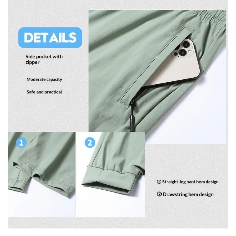 Men's Ice Silk Quick-Dry Pants Summer Lightweight Breathable Joggers with Zipper Pockets Elastic Waist Casual Sports Trousers fo
