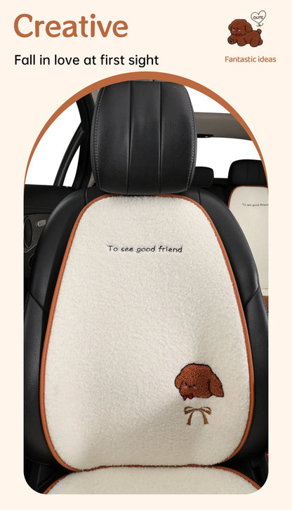 Funny Puppy Car Seat Cover 2025 New Autumn Fleece Fabric PU Leather Warm Comfortable Quick Installation Fits Most Cars