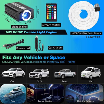 12W Car Roof Star Light 500/1000Pcs Fiber Optic Headliner Star Ceiling Light Kit Led Atmosphere Light with RGB Music APP Control