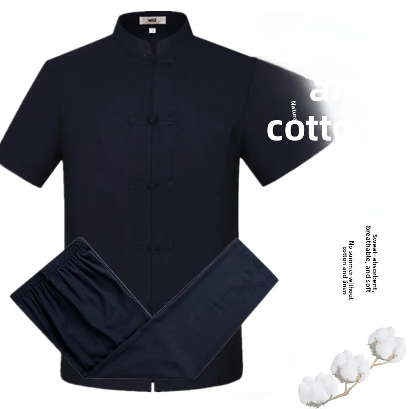 Spring Summer Large Size Linen Cotton Men's Tang Suit Ethnic Style Hanfu Set Home Wear Comfortable Loose Fit Traditional Chin...