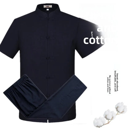Spring Summer Large Size Linen Cotton Men's Tang Suit Ethnic Style Hanfu Set Home Wear Comfortable Loose Fit Traditional Chin...