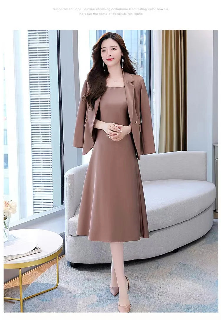 plus Size Women's Dress Suit Set Sleeveless Long Dress with Jacket Autumn Fashion Slimming Two-Piece Set High Waist Korean Style