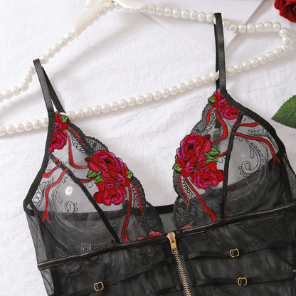 2024 New Fashionable and Sexy Lace Mesh Embroidered Transparent V-neck Mischievous Temptation Style Strap jumpsuit