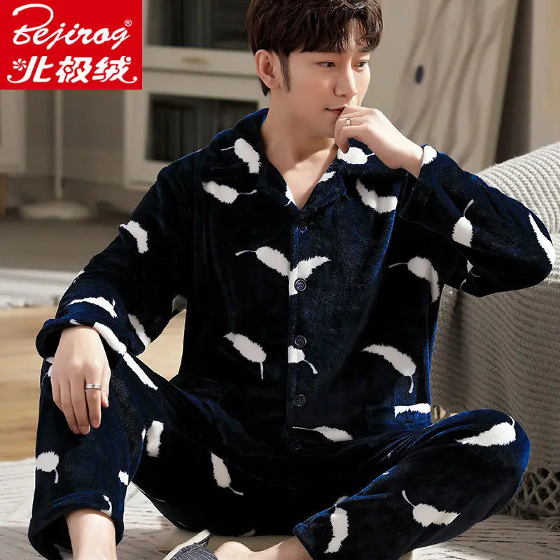 Pajama Sets Flannel Pajamas Men's Winter Thickening Warm Suit Long-sleeved Loose Home Clothes Autumn Cardigan