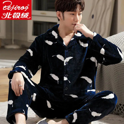 Pajama Sets Flannel Pajamas Men's Winter Thickening Warm Suit Long-sleeved Loose Home Clothes Autumn Cardigan