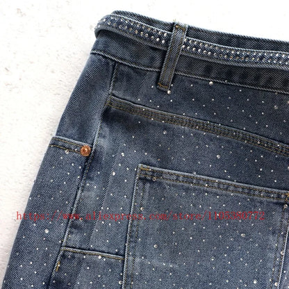American Fashion Rhinestone-decorated Denim Shorts for Men Y2K Washed Blue Loose Denim Shorts Street Style Summer Casual Shorts