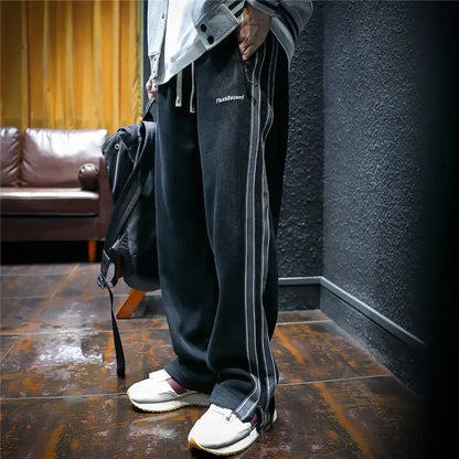Sweatpants for Men Cotton Trousers Man Sports Pants Autumn and Winter Striped Goth Straight Harajuku Retro Needle Track Big Size