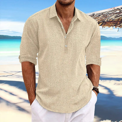 Men's Half Button Polo Shirt Short Sleeve Linen Look Casual Summer Top 2026