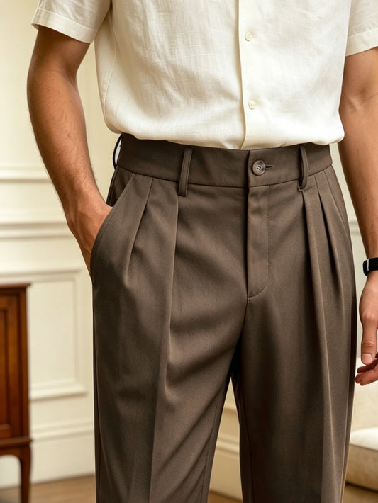 New Italian Naples Style Pleated High Waist Dress Pants, Solid Color Button Business Casual Trousers for Men