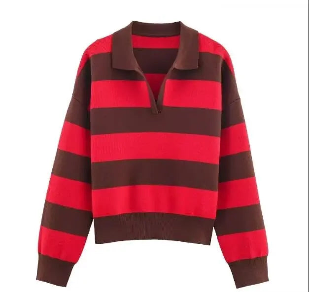JNLEAOG Fashionable Striped Knitted  Shirt Women's Loose Fit Classic Pattern Long Sleeve Youthful Vitality Autumn New Arr...