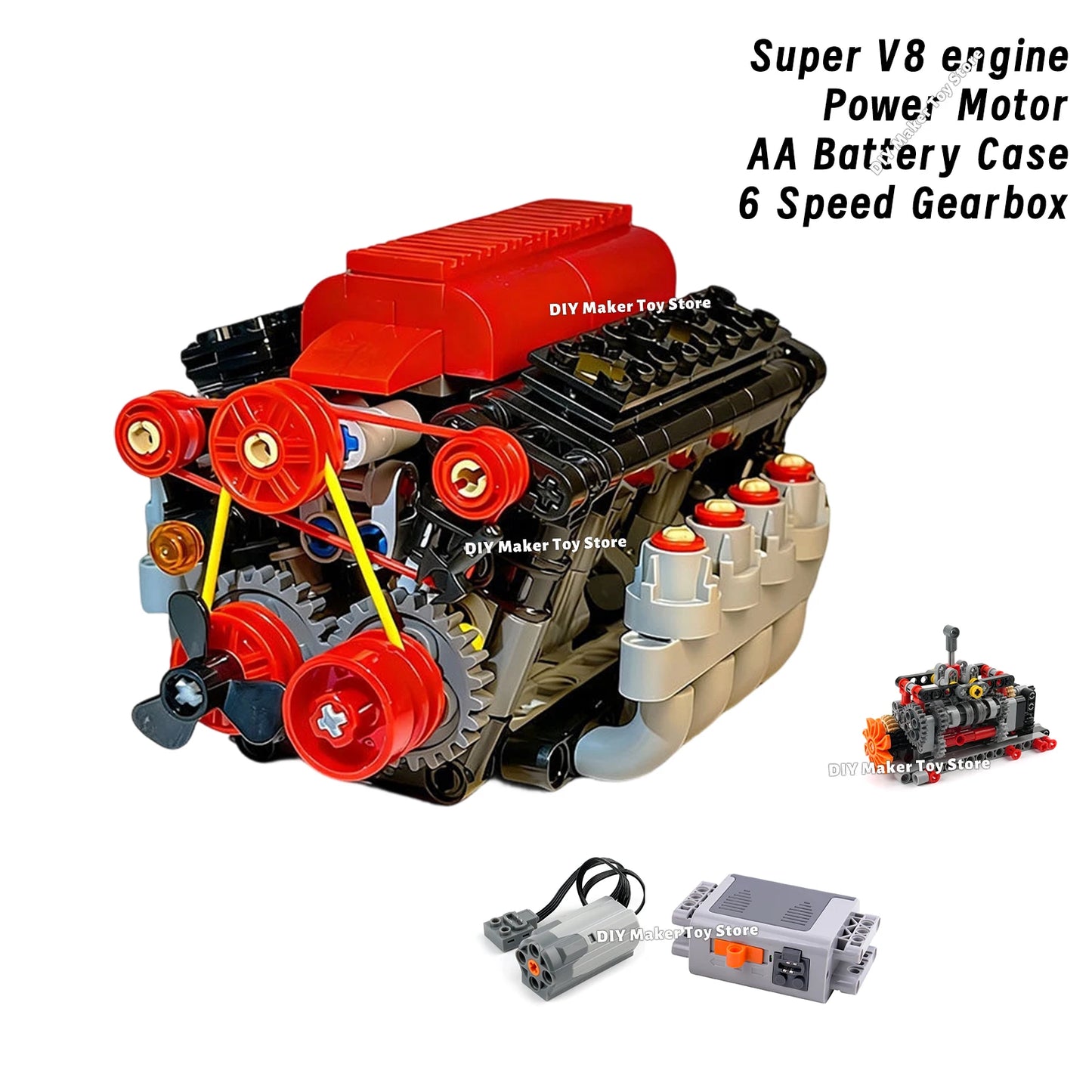 MOC Super V8 Engine Simulation Model Building Blocks Technology Car Parts 6 Speed Gearbox Power Motor Battery Box Boys Toys Gift