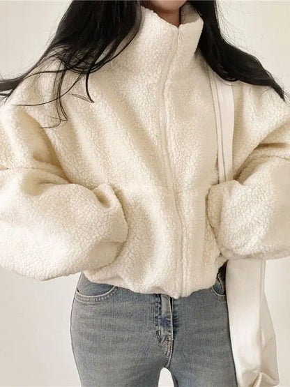 Korean Style Short Zipper Hoodie Women's Loose Fit Lamb Fur Vest Autumn Winter Streetwear Casual Long Sleeve Stand Collar Coat