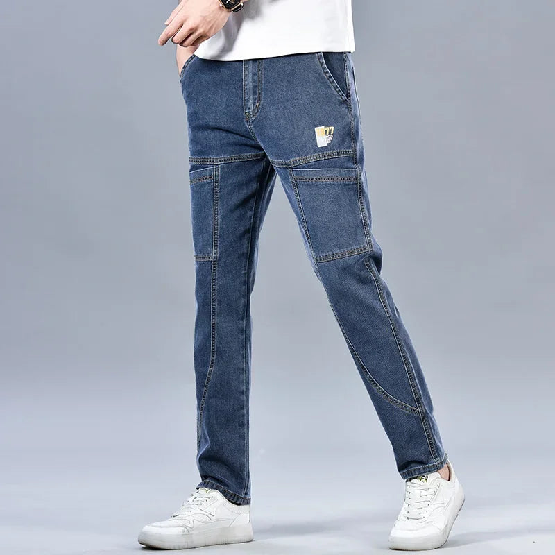 Design Jeans Men's Autumn New Multi-Pocket Fashion Stretch Straight Cotton Casual Denim Trousers Brand Clothing Male Blue Black