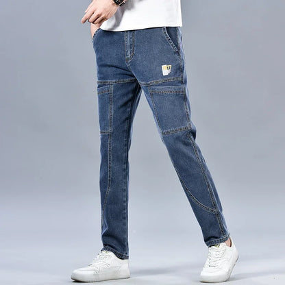 Design Jeans Men's Autumn New Multi-Pocket Fashion Stretch Straight Cotton Casual Denim Trousers Brand Clothing Male Blue Black