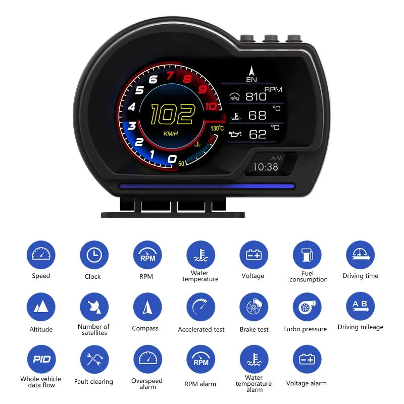 OBD2 Car Head Up Display HUD Smart Car Water & Oil temp Turbo RPM Gauge Digital Odometer Security Alarm Auto Meter
