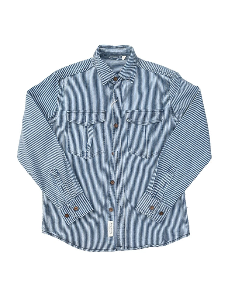 Classic Striped American Retro Washed Denim Work Shirt Casual Loose Long Sleeve Thickened Shirt Cotton Youth Travel Autumn