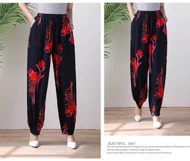 High Waist Lantern Pants Casual Cotton Silk Large Size Printed Long Trousers for Middle-Aged And Elderly Women