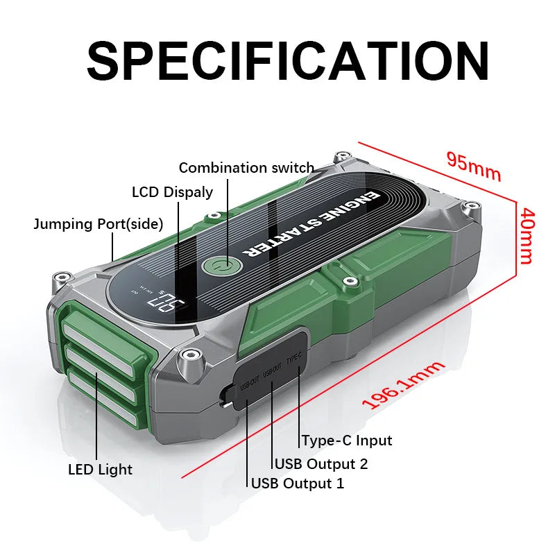 3000A Jump Starter Power Bank With Quick Start Capability, USB Charging, LED Emergency Light Function, Versatile Car Tool