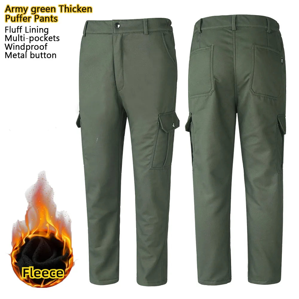 Men's Down Pants Winter Thicken Fleece Straight Leg Puffer Cargo Pants Warm Windproof Outdoor Warm Climbing Ski Trousers