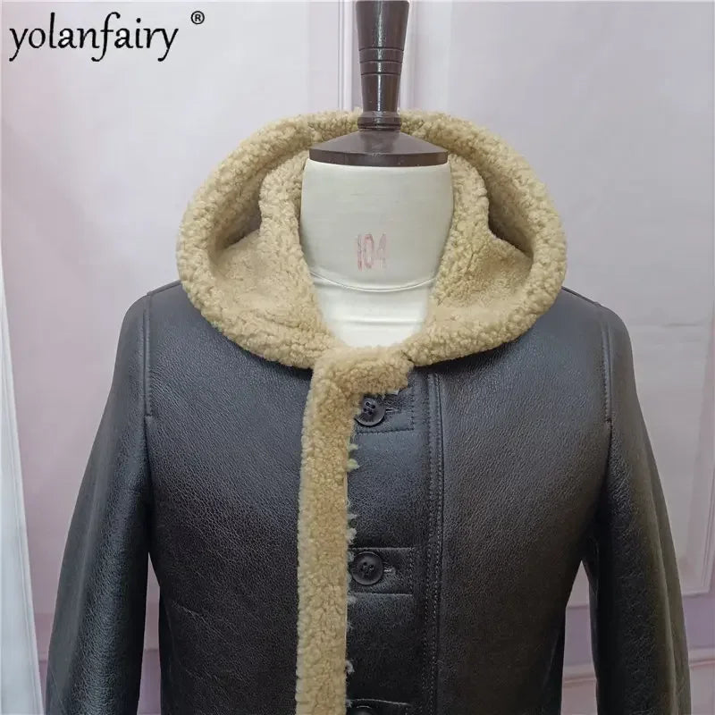 YOLANFAIRY Original Natural Leather Fur Coat Men Long Hooded Sheepskin Real Fur Coat Genuine Leather Jacket Men's Winter Jacket