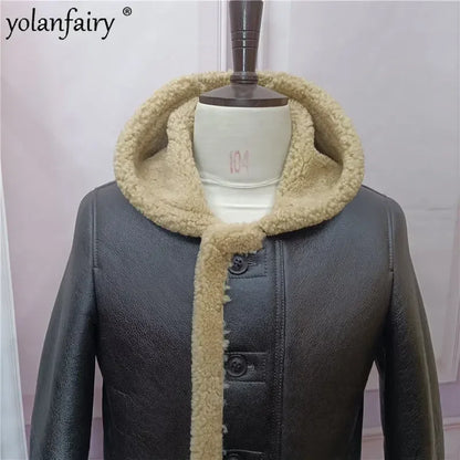 YOLANFAIRY Original Natural Leather Fur Coat Men Long Hooded Sheepskin Real Fur Coat Genuine Leather Jacket Men's Winter Jacket