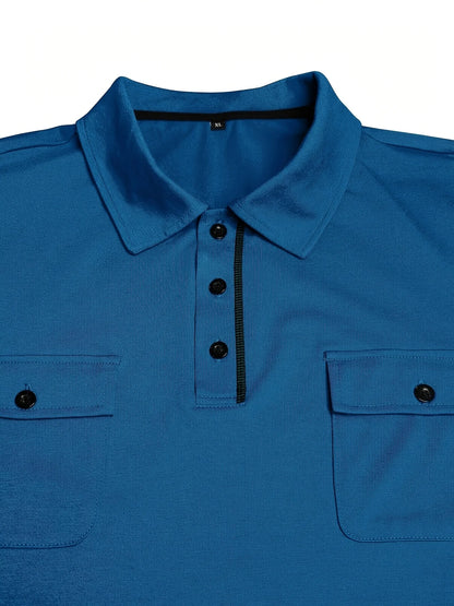Summer Men's Short-Sleeve Polo Shirt Casual Solid Color Turn-Down Collar T-Shirt Pullover Top Henley Shirt with Pockets