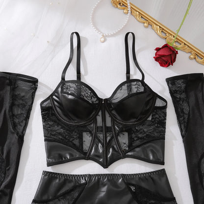 2026 Spicy Girl PU Leather Splicing Lace Body Shaping Fishbone Top Can be Wearing Externally, Slimming Half Skirt with Gloves