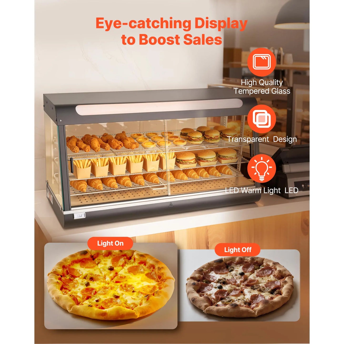 SucceBuy 190Qt 1600W 3-Tier Commercial Food Warmer Display with LED Light Top Storage and Adjustable Shelves for Hamburger Bread