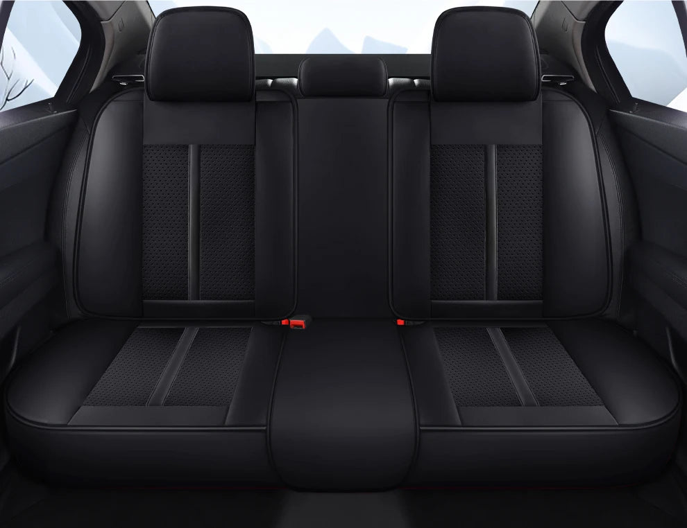 Premium PU Leather Auto Seat Covers Set with Built-in Lumbar Support +2 Headrest Covers +1 Steering Wheel Cover Comfortable