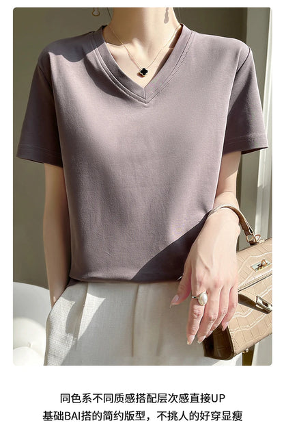 2026 Summer New Pure Cotton V-neck Short-sleeved T-shirt Women's Solid Color Joker Pullover Shirt with Loose Sleeve Bottom Shirt