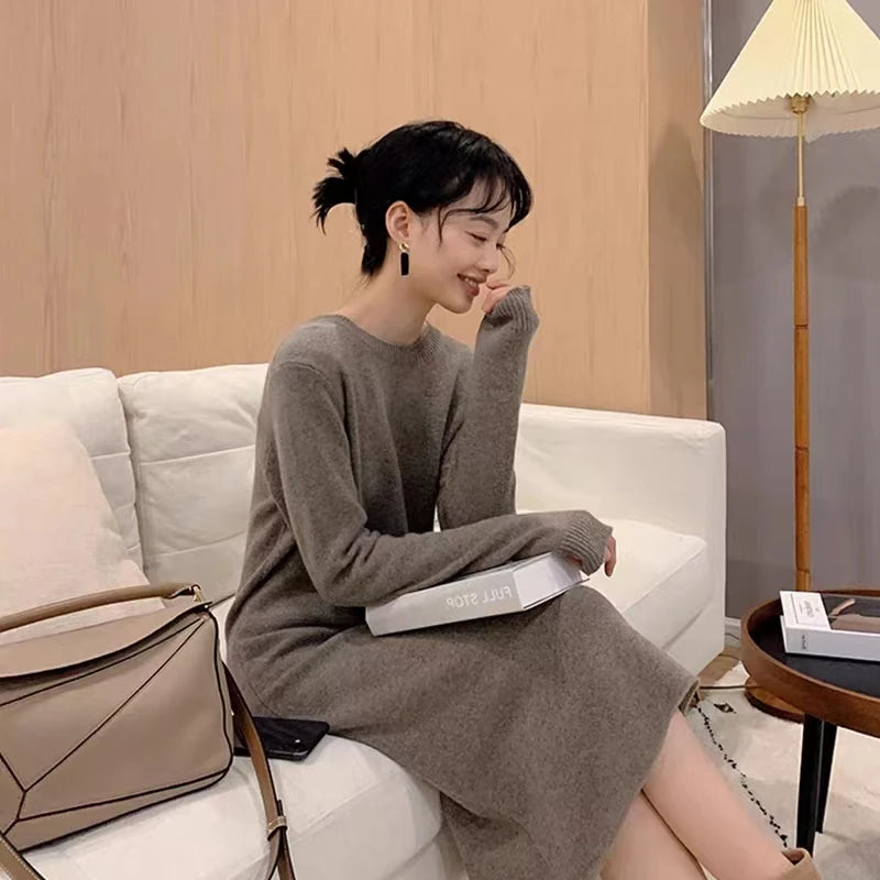 Women's Pure Cashmere Knit Dress Simple round Neck Knee-High Coat Long Sweater Skirt Autumn Winter Fashion New Arrival