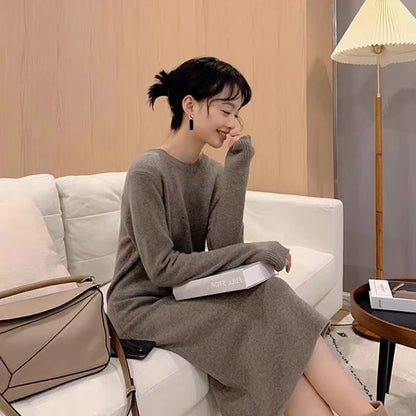 Women's Pure Cashmere Knit Dress Simple round Neck Knee-High Coat Long Sweater Skirt Autumn Winter Fashion New Arrival