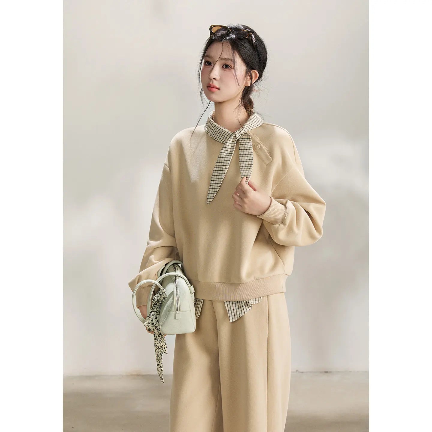 MISHOW Women's Plaid Tie Neck Sweatshirt 2026 Spring Splice Fake Two Piece Casual Tops Cotton Loose Beige Pullover MXF108V0464