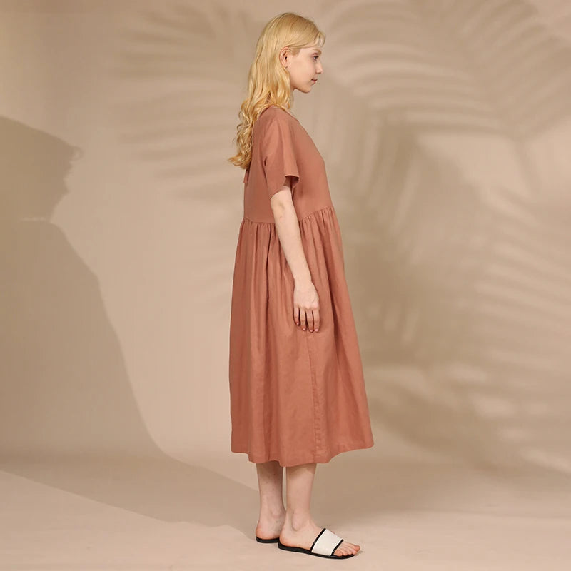Summer Cotton Linen Women Dresses Vintage Short Sleeve Casual Loose Back Bandage Harajuku Party Club Dress With Pockets