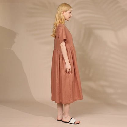 Summer Cotton Linen Women Dresses Vintage Short Sleeve Casual Loose Back Bandage Harajuku Party Club Dress With Pockets