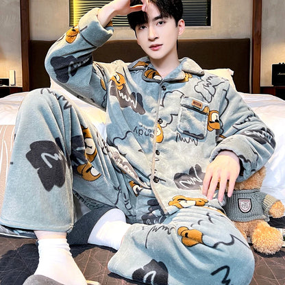 Men's Sleepwear Coral Fleece Flannel Thick Warm Cardigan Home Clothes Autumn Winter Long Sleeve Button up Comfortable Pajamas